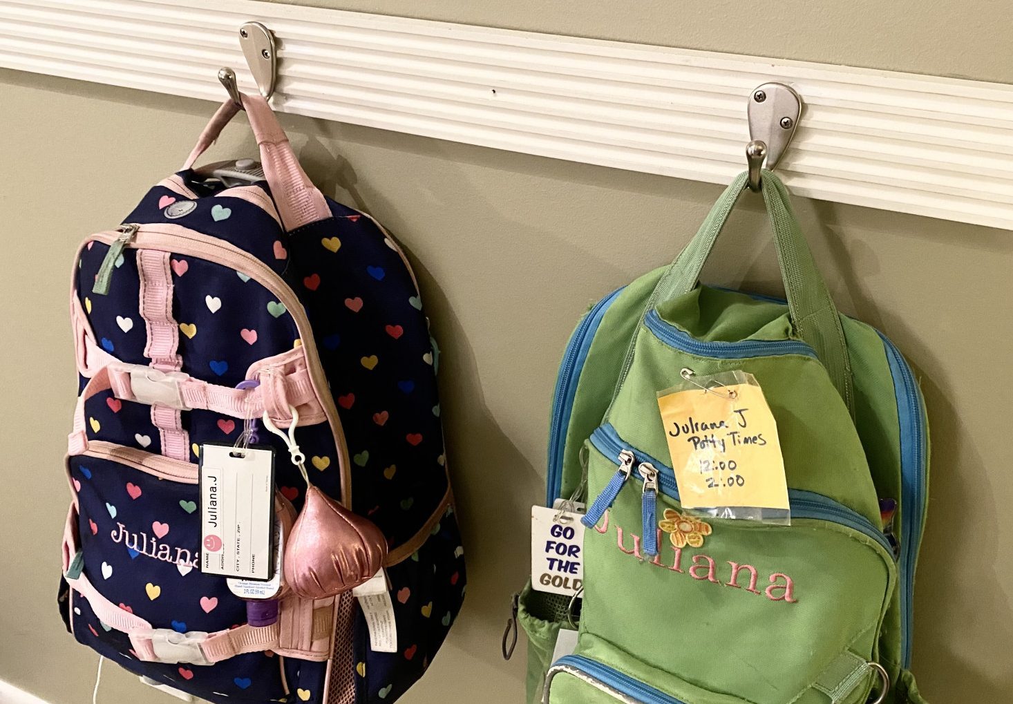 labels \ Angelman Syndrome News \ Photo of backpacks hanging from wall hooks. One is black and pink and one is green.