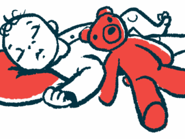 An illustration of a baby sleeping with a teddy bear.