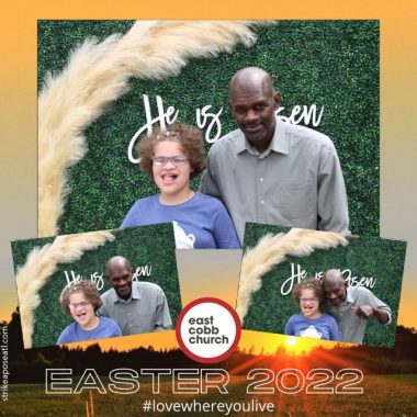 respond to challenges |  Angelman Syndrome News |  A photo collage shows Juliana and her father posing in front of a wall of greenery and the words "He is risen." They celebrate Easter Sunday during the outdoor service of their church.