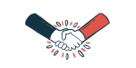 An illustration of two people shaking hands in agreement.