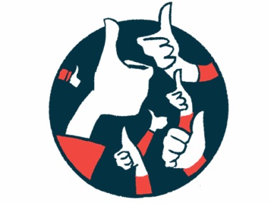 Multiple hands are seen giving a thumbs up sign against the backdrop of a black circle.