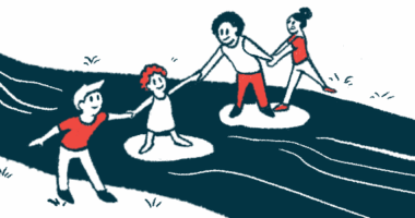 An illustration of people helping one another cross a stream.