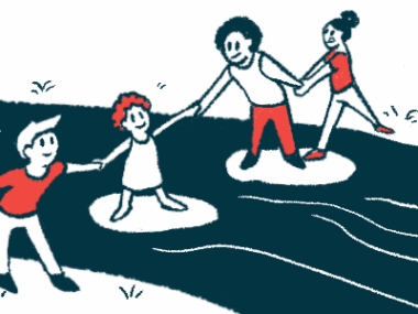 An illustration of people helping one another cross a stream.