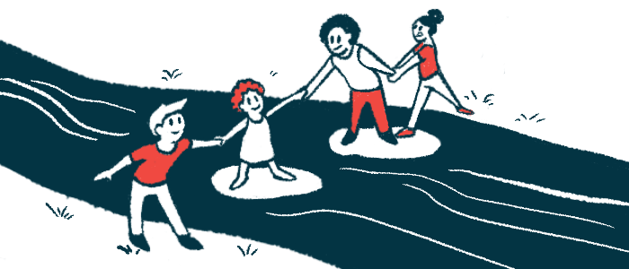 An illustration of people helping one another cross a stream.