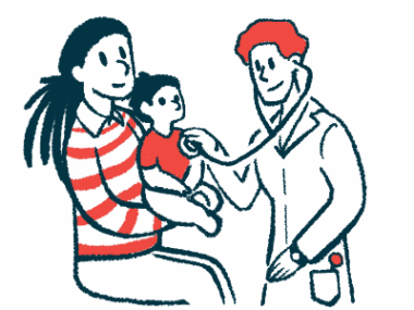 A doctor uses a stethoscope to examine a child being held by an adult.