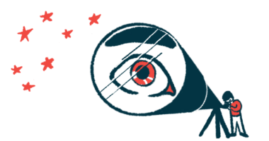 A human eye is seen in the lens of a giant telescope used by a person watching the stars.