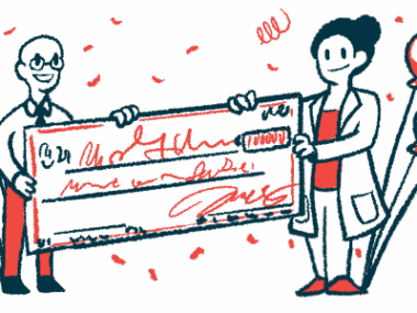 An illustration showing two people accepting an financial award in the form of a giant check.