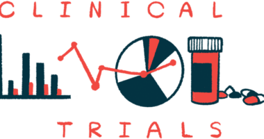 Different charts representing clinical trials and a pill bottle are displayed.