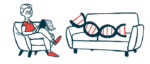 In this gene therapy illustration, a strand of DNA reclines on a counselor's sofa.