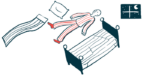 A person lies awake on the floor next to a bed in the middle of the night as the moon is seen through the window against a pitch-black sky.