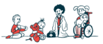 A child in an oversized lab coat talks to another child with a bandaged teddy bear.