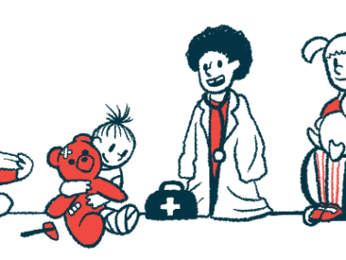 A child in an oversized lab coat talks to another child with a bandaged teddy bear.