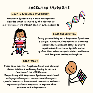 A graphic contains information about Angelman syndrome, its characteristics, and its treatment.