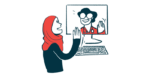 An illustration of a woman waving to another person on a computer monitor.