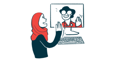 An illustration of a woman waving to another person on a computer monitor.