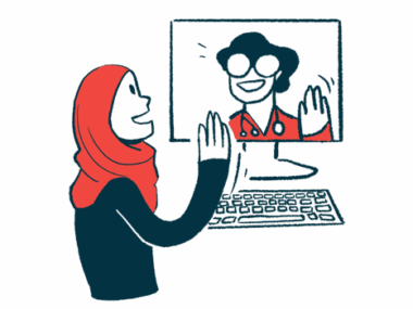 An illustration of a woman waving to another person on a computer monitor.