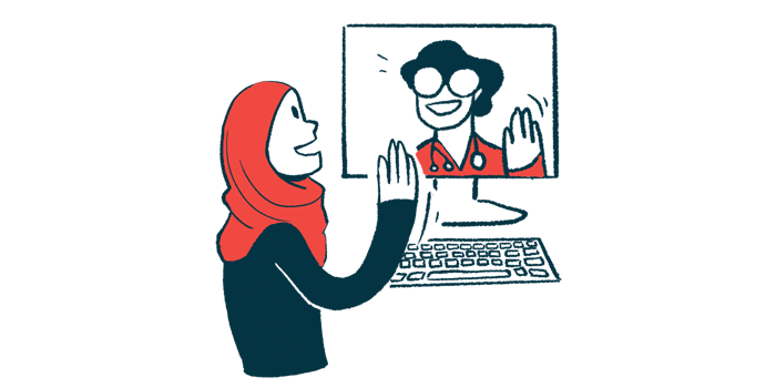 An illustration of a woman waving to another person on a computer monitor.