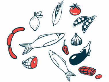 A variety of foods, including fish, meats, and vegetables, are pictured.