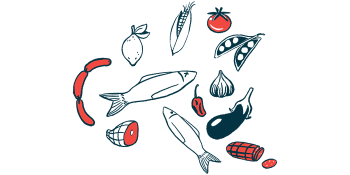 A variety of foods, including fish, meats, and vegetables, are pictured.