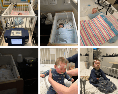 A six-photo collage showing a child at various ages in various cribs and beds, some of which are in a hospital. In some of them he has medical equipment affixed to his head.