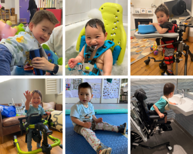 A six-photo collage (3 photos on top and 3 on bottom) of various stages of a newborn baby and then toddler as he progresses through various medical equipment use. The caption best summarizes what is occurring in the photos. 