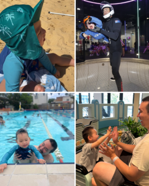 A collage features four pictures of a 3-year-old boy living with Angelman syndrome. In the first, he's wearing a green hat and sitting on the sand at the beach. In the second, an instructor holds him up in an indoor skydiving chamber. In the third, he sits in a small train car across from his father. Both have their hands outstretched as if they're playing a game. In the fourth, the boy's father holds him up in a pool at the end of one of the lanes.