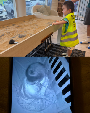 Two horizontal photos feature a 3-year-old boy. In the top photo, he's wearing a yellow safety vest and holding on to a wooden table to support himself while standing up. In the bottom photo, he's sitting up in his cot. The photo looks to be taken from a baby monitor.