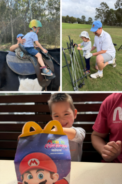 A collage of three photos show a 3-year-old boy riding a pony, looking at golf clubs with his dad at a driving range, and opening his McDonald's Happy Meal.