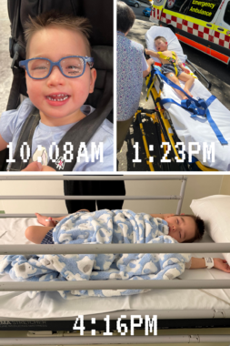 A collage of three photos shows a 3-year-old boy at three different times in the same day. In a photo from 10:08 a.m., he is wearing glasses and smiling happily. In a photo from 1:23 p.m., he is lying on a gurney and being wheeled toward an ambulance. In the photo from 4:16 p.m., he is sleeping in a hospital bed under a blue blanket.