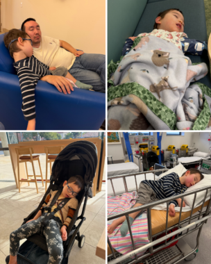 A four-photo collage (2 rows, 2 columns) shows four different shots of a young boy in various moments of sleep. In the first photo, he's sleeping in a blue chair with his dad; in the second, he's on a couch covered in a blanket; in the third, he's in a stroller; and in the fourth, he's in a hospital bed.